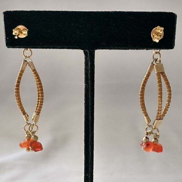 Vintage Beaded Dangle Earrings 1980s Estate Gold Tone Snake Chain Abstract Twist - Picture 4 of 16